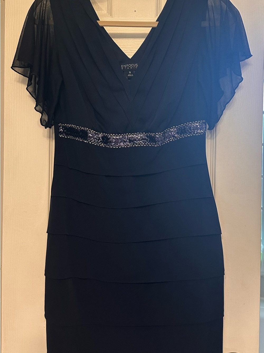 Enfocus Studio Navy V-Neck Midi Dress with Beaded Waist